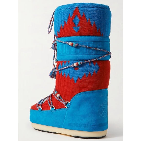 NEW ALANUI X MOON BOOT Icon Knit Jacquard Red Azure Wool Boots Size 8-9.5 - Picture 6 of 16